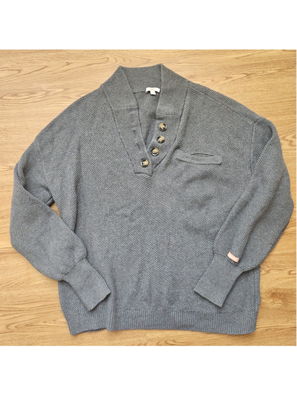 Lunya Cottonsilk Pocket Henley Gray Chunky Pullover Sweater Womens Medium